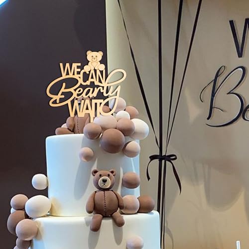 We Can Bearly Wait Wooden Cake Topper - Bear Theme Baby Shower Decoration, 8x10 Inches