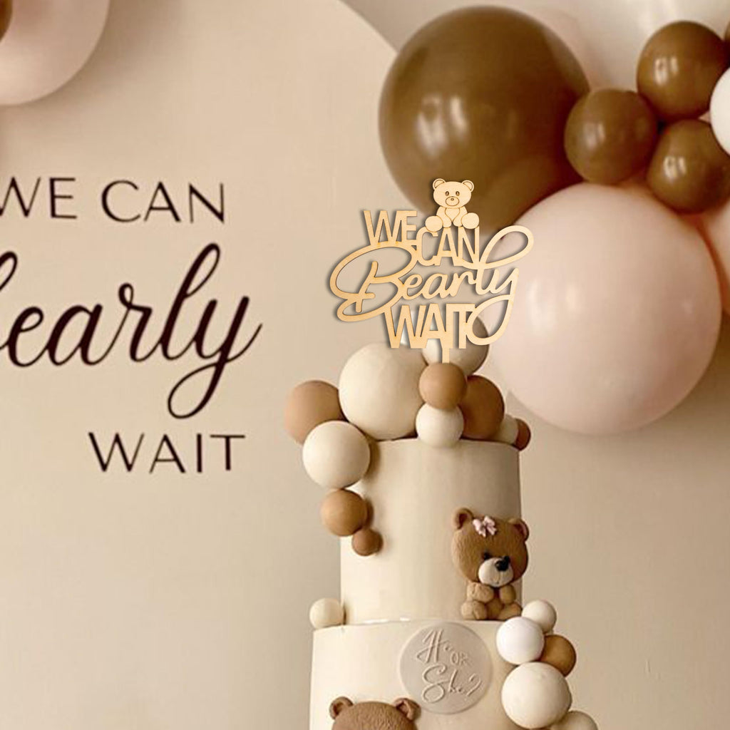 We Can Bearly Wait Wooden Cake Topper - Bear Theme Baby Shower Decoration, 8x10 Inches