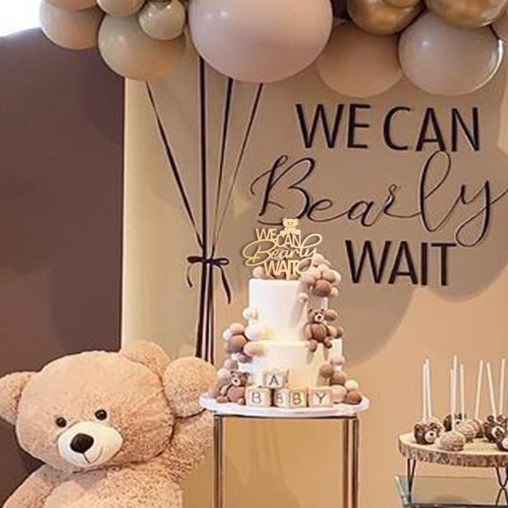 We Can Bearly Wait Wooden Cake Topper - Bear Theme Baby Shower Decoration, 8x10 Inches