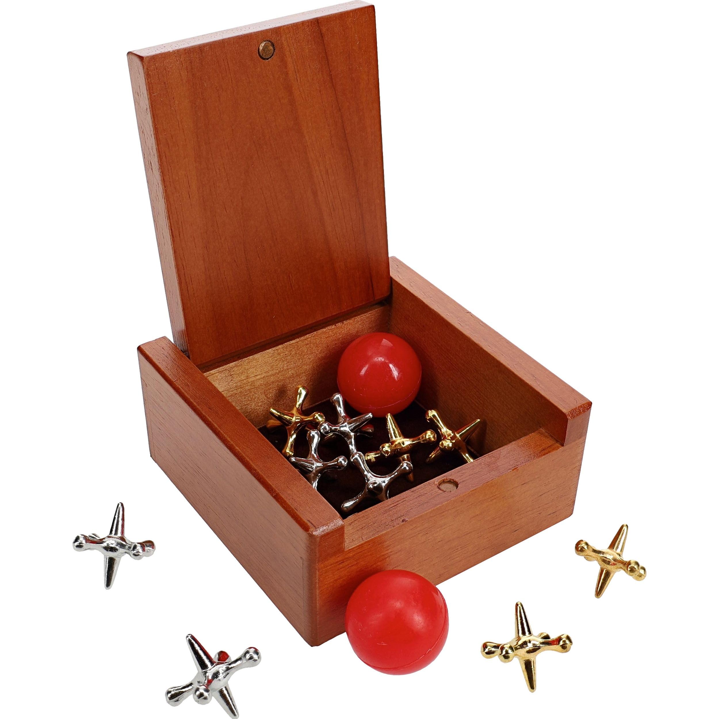 WE Games Metal Jacks Set – 10 Jacks, 2 Red Balls, Wooden Box
