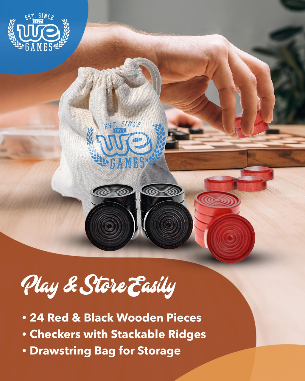 WE Games Wooden Checkers Pieces - 24 Red & Black, 1.5-inch, with Storage Bag