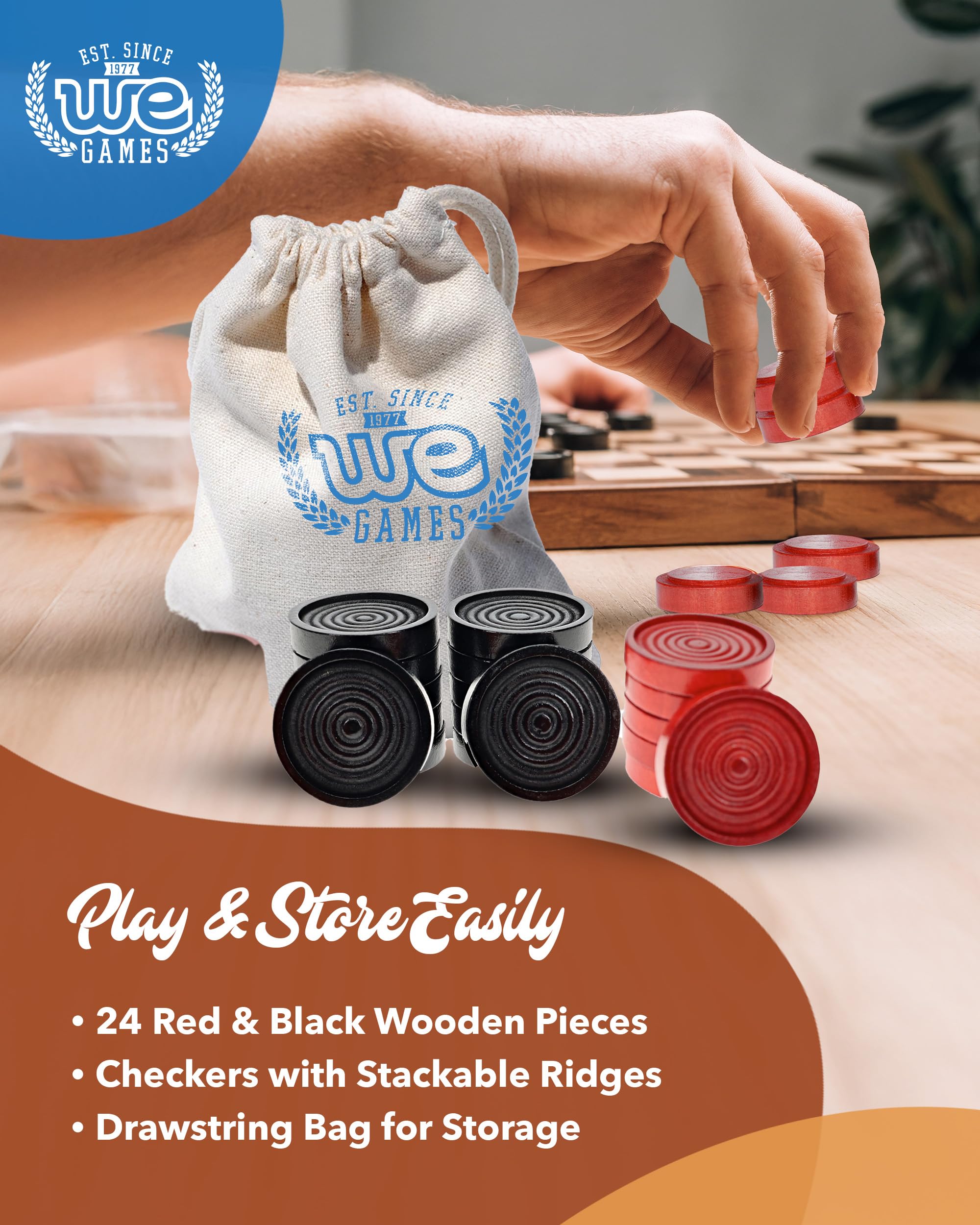 WE Games Wooden Checkers Pieces - 24 Red & Black, 1.5-inch, with Storage Bag
