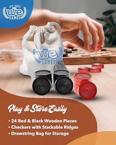 WE Games Wooden Checkers Pieces - 24 Red & Black Checkers, 1.062-inch, with Storage Bag