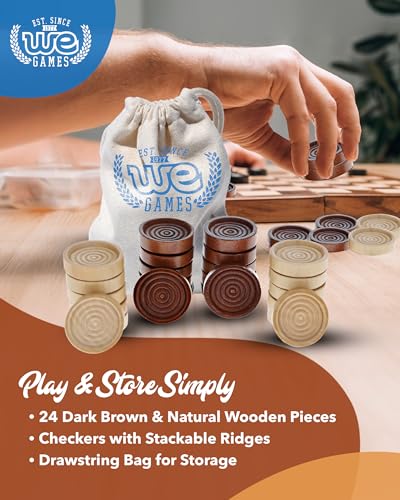 WE Games Wooden Checkers Pieces (1.5 inch) – 24 Brown & Natural Stained Stackable Ridges with Drawstring Bag