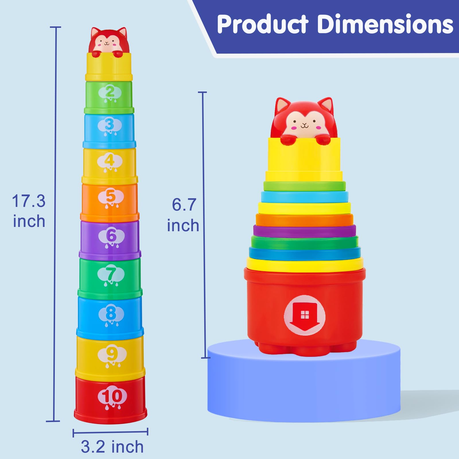 WEEJOYGAM Light-Up Stacking Cups for Toddlers - 10-Piece Nesting Toy with Sounds, Montessori Bath & Beach Toy