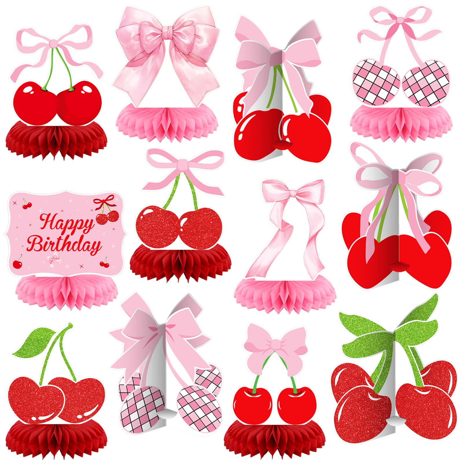 Weekgrat 12-Piece Cherry Honeycomb Centerpiece Set – Pink & Red 3D Table Decor for Birthday, Baby Shower, or Bachelor Party