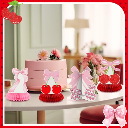 Weekgrat 12-Piece Cherry Honeycomb Centerpiece Set – Pink & Red 3D Table Decor for Birthday, Baby Shower, or Bachelor Party