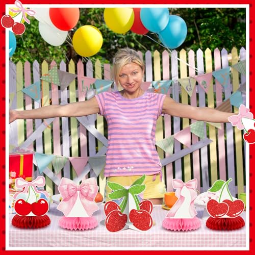 Weekgrat 12-Piece Cherry Honeycomb Centerpiece Set – Pink & Red 3D Table Decor for Birthday, Baby Shower, or Bachelor Party