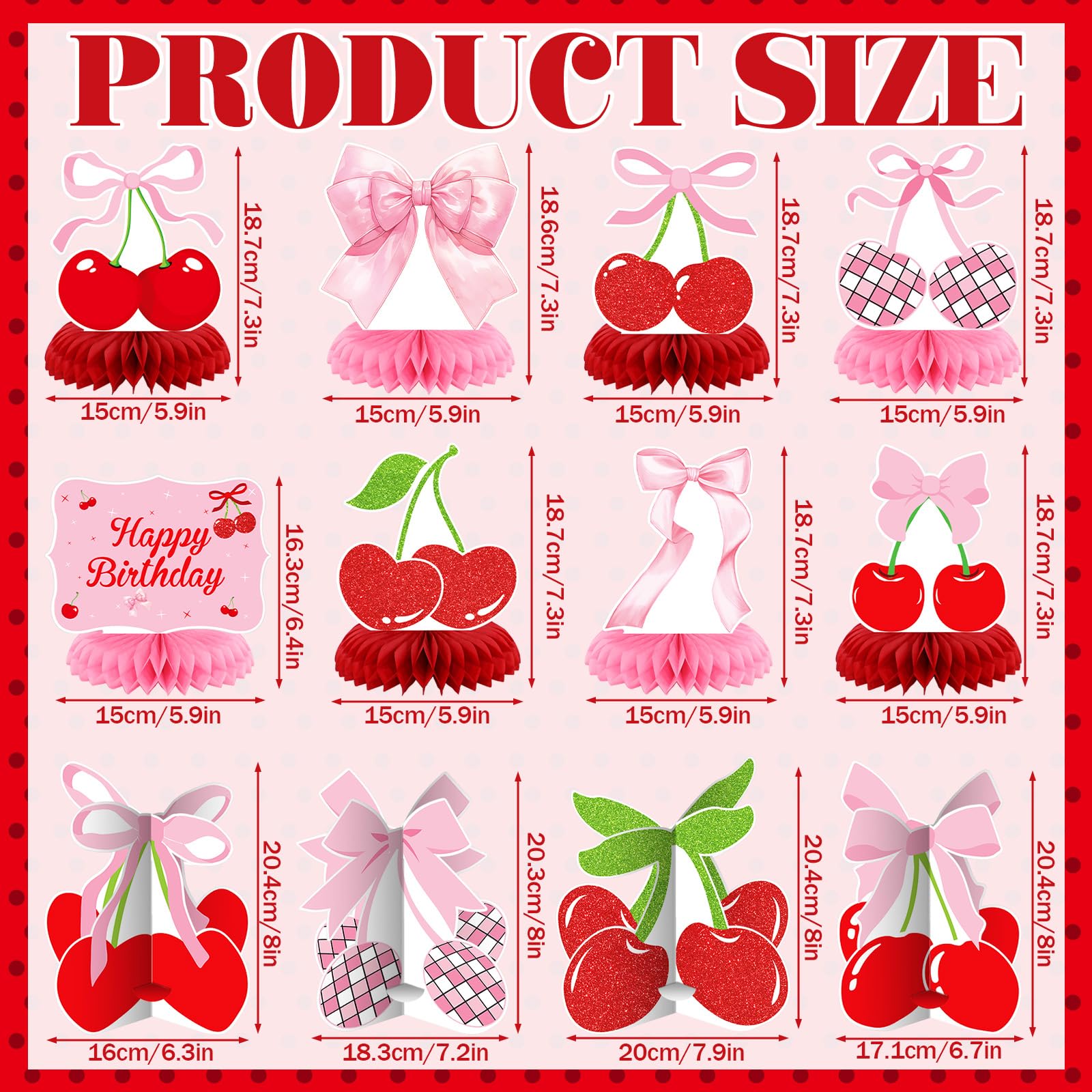 Weekgrat 12-Piece Cherry Honeycomb Centerpiece Set – Pink & Red 3D Table Decor for Birthday, Baby Shower, or Bachelor Party