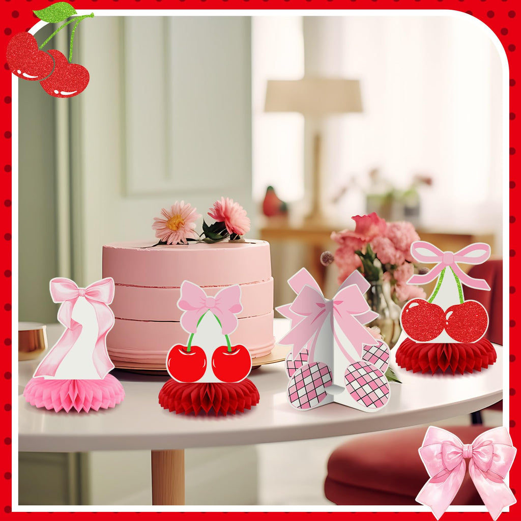 Weekgrat 12-Piece Cherry Honeycomb Centerpiece Set – Pink & Red 3D Table Decor for Birthday, Baby Shower, or Bachelor Party
