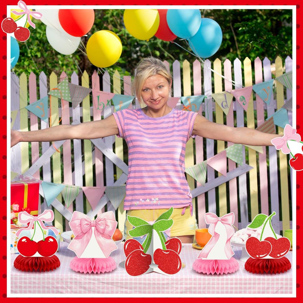 Weekgrat 12-Piece Cherry Honeycomb Centerpiece Set – Pink & Red 3D Table Decor for Birthday, Baby Shower, or Bachelor Party