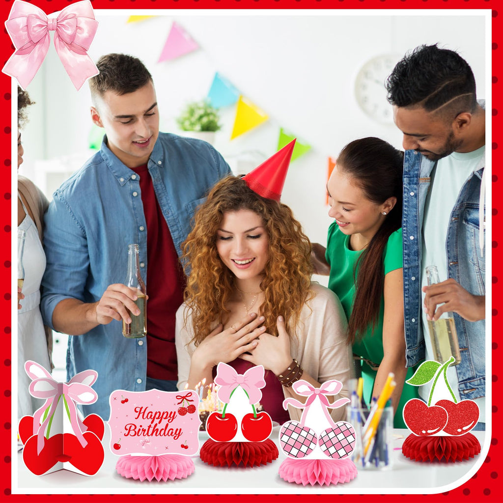 Weekgrat 12-Piece Cherry Honeycomb Centerpiece Set – Pink & Red 3D Table Decor for Birthday, Baby Shower, or Bachelor Party