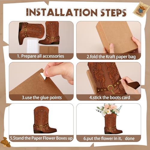 Weekgrat 8-Piece Brown Cowboy Boot Flower Box Set for Western Themed Party Centerpieces and Favors