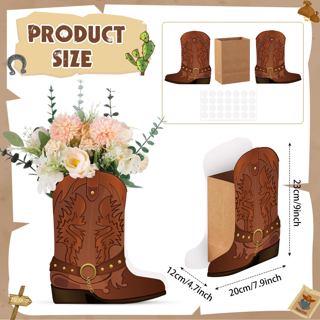 Weekgrat 8-Piece Brown Cowboy Boot Flower Box Set for Western Themed Party Centerpieces and Favors