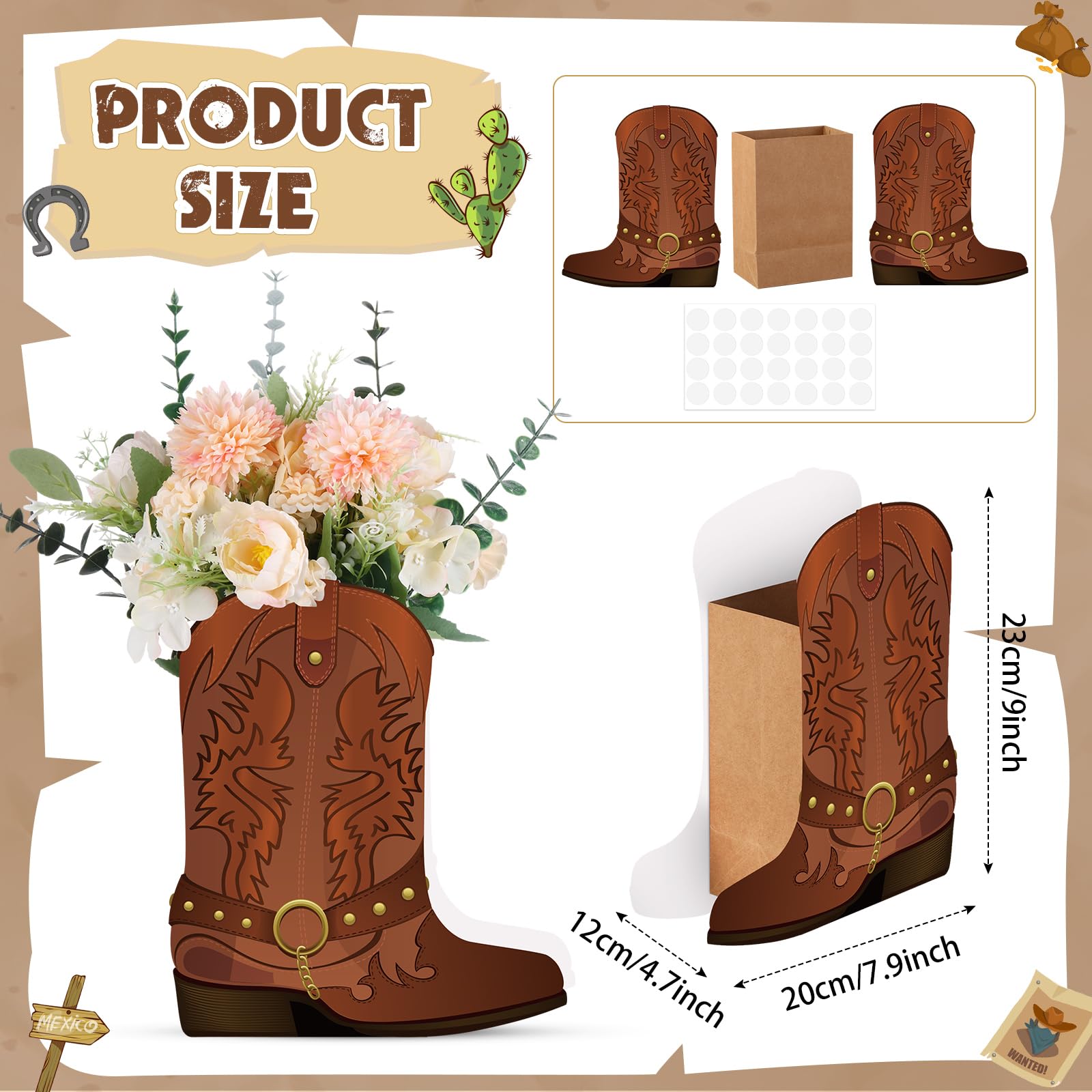 Weekgrat 8-Piece Brown Cowboy Boot Flower Box Set for Western Themed Party Centerpieces and Favors