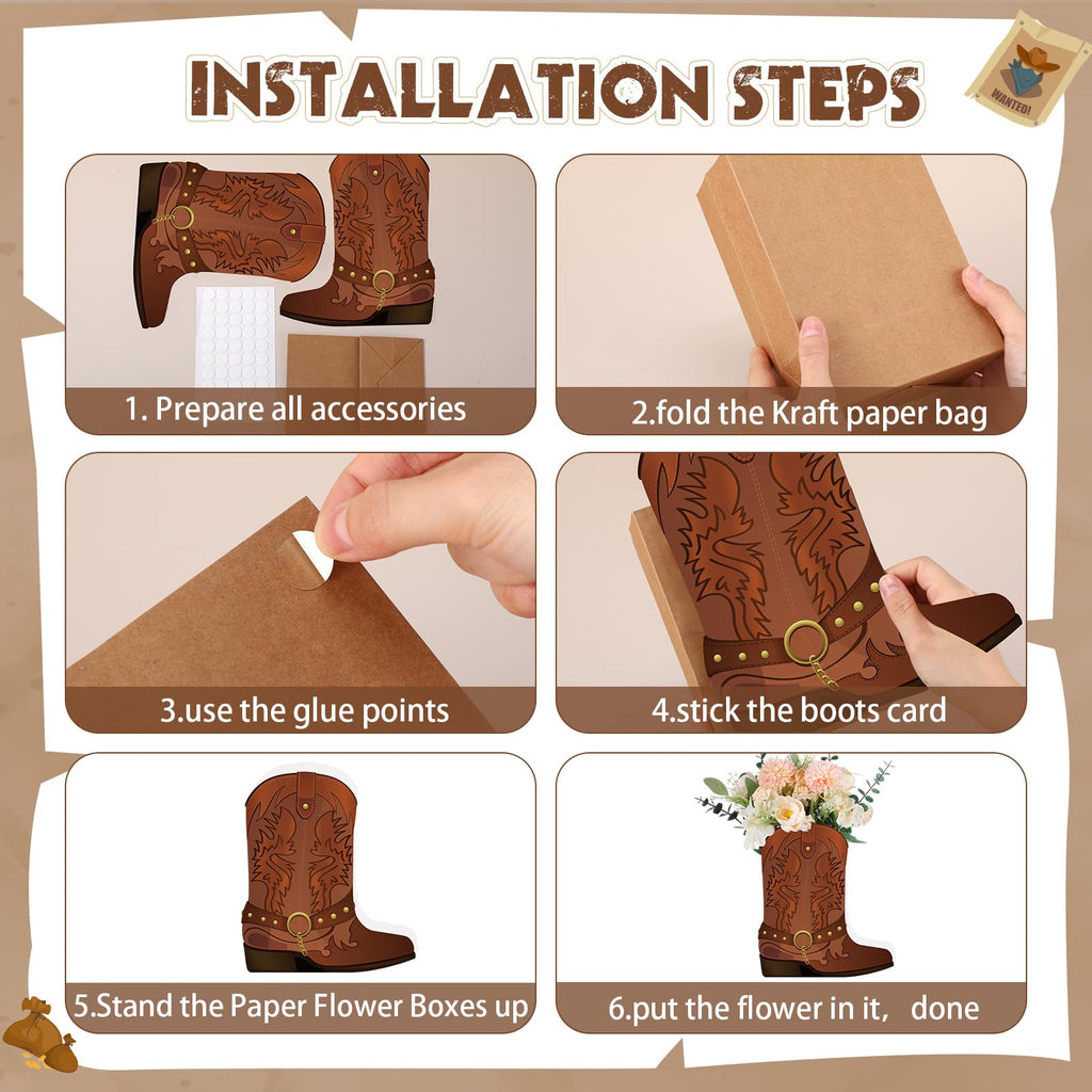 Weekgrat 8-Piece Brown Cowboy Boot Flower Box Set for Western Themed Party Centerpieces and Favors