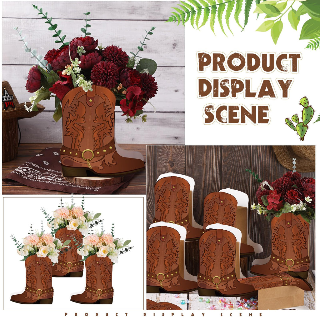 Weekgrat 8-Piece Brown Cowboy Boot Flower Box Set for Western Themed Party Centerpieces and Favors