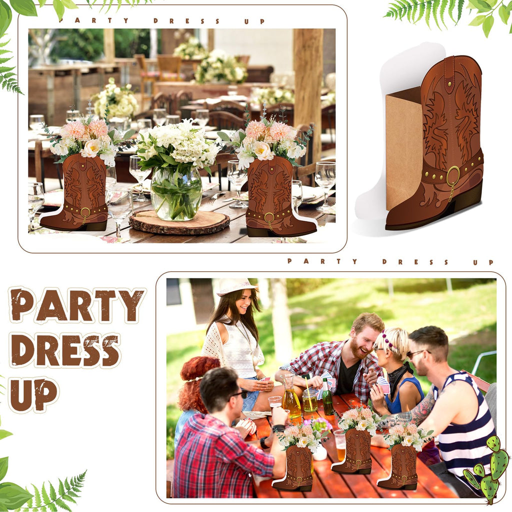 Weekgrat 8-Piece Brown Cowboy Boot Flower Box Set for Western Themed Party Centerpieces and Favors