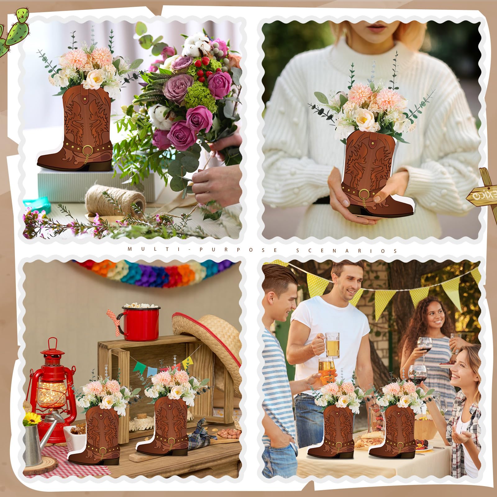 Weekgrat 8-Piece Brown Cowboy Boot Flower Box Set for Western Themed Party Centerpieces and Favors