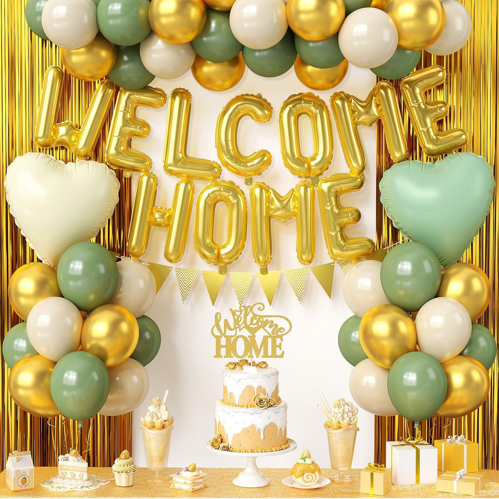 Welcome Home Decorations Kit – Sage Green & Gold Balloon Banner with Foil Hearts, Fringe Curtain & Cake Topper
