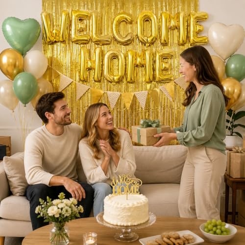 Welcome Home Decorations Kit – Sage Green & Gold Balloon Banner with Foil Hearts, Fringe Curtain & Cake Topper
