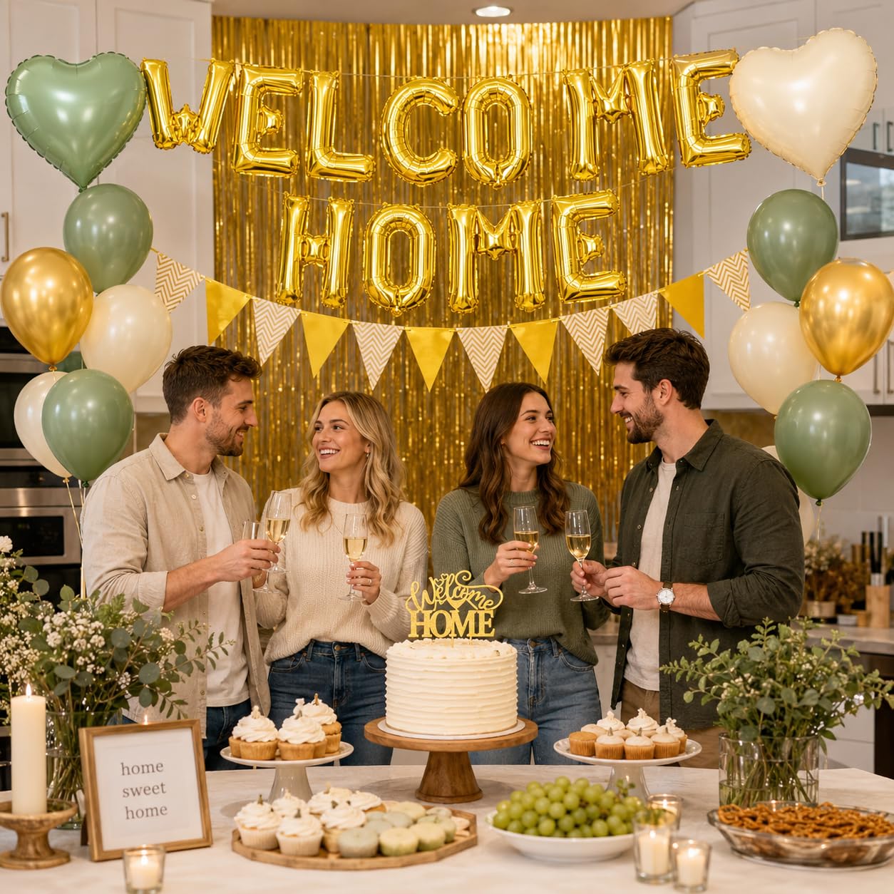 Welcome Home Decorations Kit – Sage Green & Gold Balloon Banner with Foil Hearts, Fringe Curtain & Cake Topper