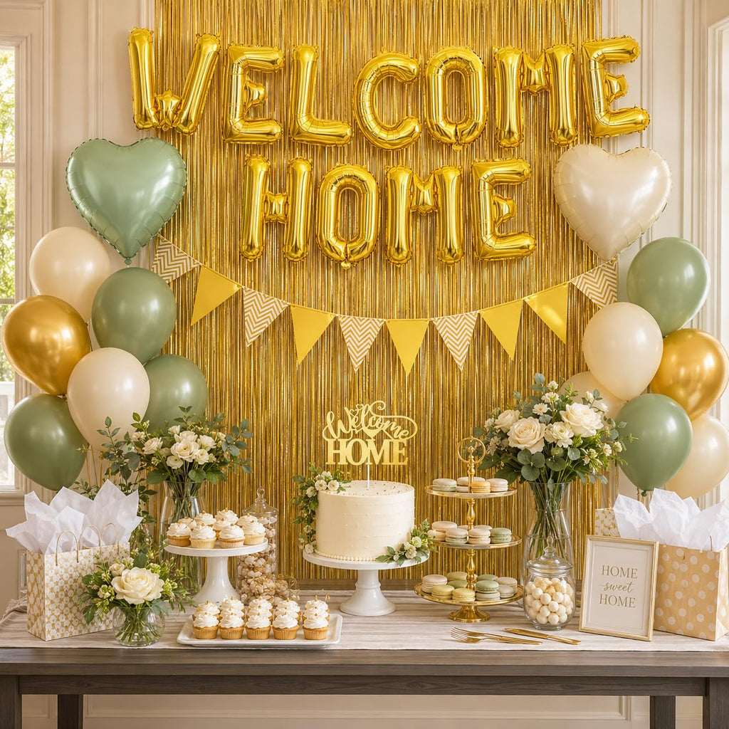 Welcome Home Decorations Kit – Sage Green & Gold Balloon Banner with Foil Hearts, Fringe Curtain & Cake Topper