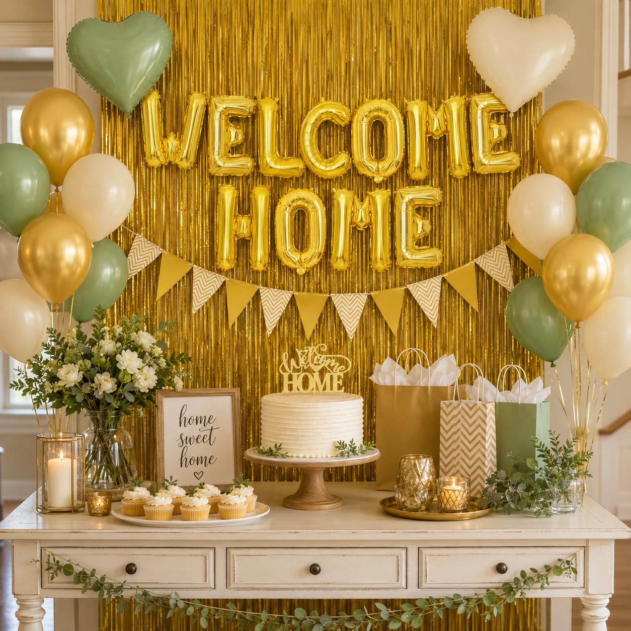 Welcome Home Decorations Kit – Sage Green & Gold Balloon Banner with Foil Hearts, Fringe Curtain & Cake Topper