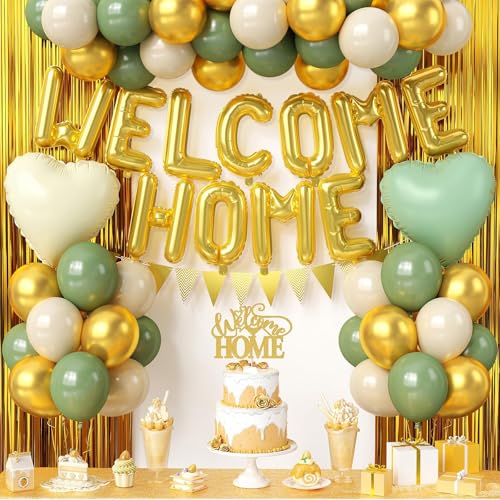 Welcome Home Decorations Kit – Sage Green & Gold Balloon Banner with Foil Hearts, Fringe Curtain & Cake Topper