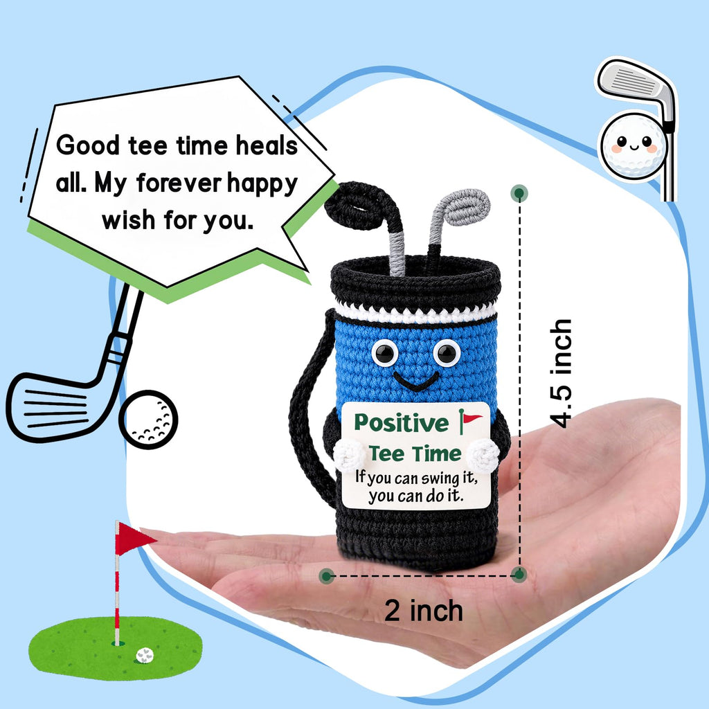 WelDesine Crocheted Golf Bag Figurine – Smiling Golf Decor with Inspirational Quote, Handmade Gift for Dad, Husband, Golfer