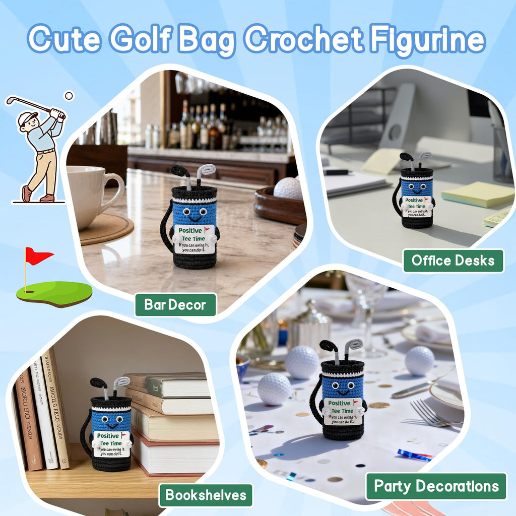 WelDesine Crocheted Golf Bag Figurine – Smiling Golf Decor with Inspirational Quote, Handmade Gift for Dad, Husband, Golfer