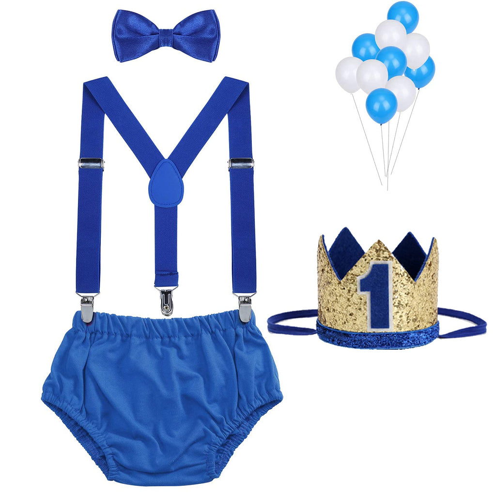 WELROG Baby Boys First Birthday Cake Smash Outfit Set - Bow Tie Suspenders Bloomers Crown (Gold Sparkle)