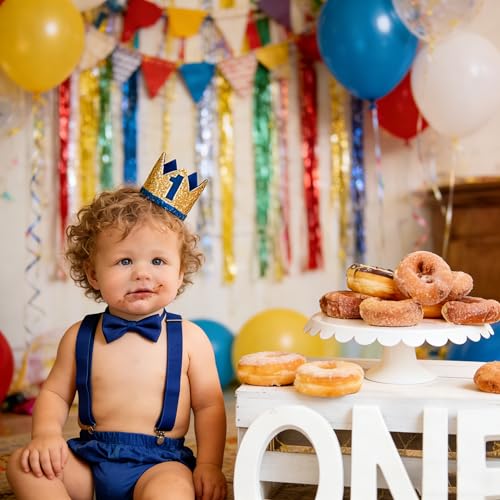 WELROG Baby Boys First Birthday Cake Smash Outfit Set - Bow Tie Suspenders Bloomers Crown (Gold Sparkle)