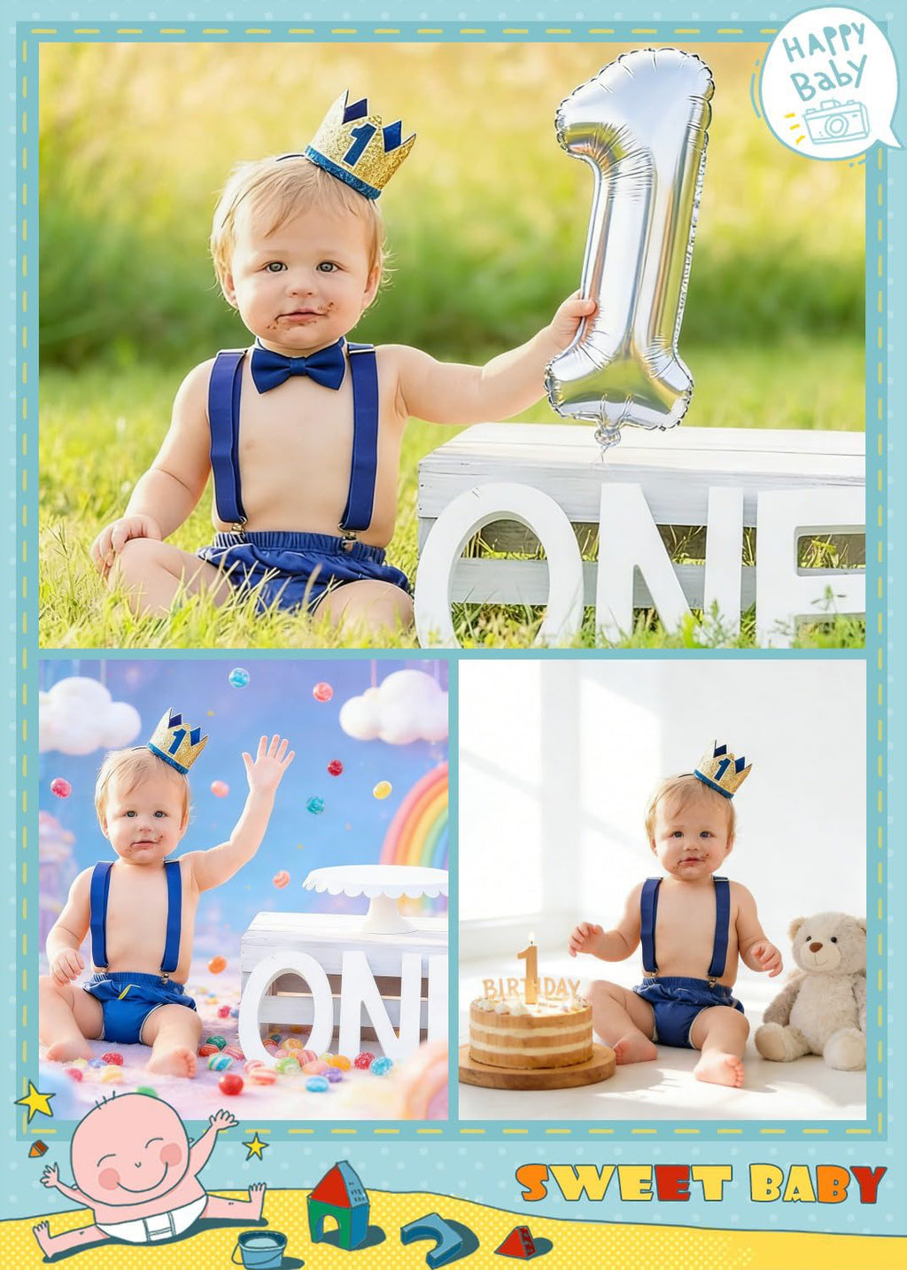 WELROG Baby Boys First Birthday Cake Smash Outfit Set - Bow Tie Suspenders Bloomers Crown (Gold Sparkle)