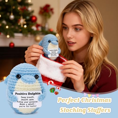 Weming Handmade Crochet Dolphin Plush with Inspirational Card – Emotional Support Gift for Women Coworkers and Dolphin Lovers