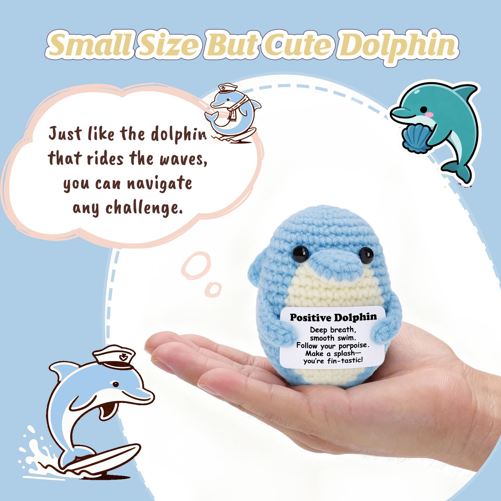 Weming Handmade Crochet Dolphin Plush with Inspirational Card – Emotional Support Gift for Women Coworkers and Dolphin Lovers