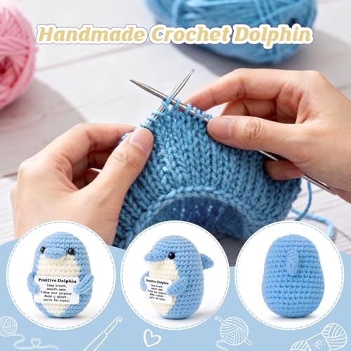 Weming Handmade Crochet Dolphin Plush with Inspirational Card – Emotional Support Gift for Women Coworkers and Dolphin Lovers