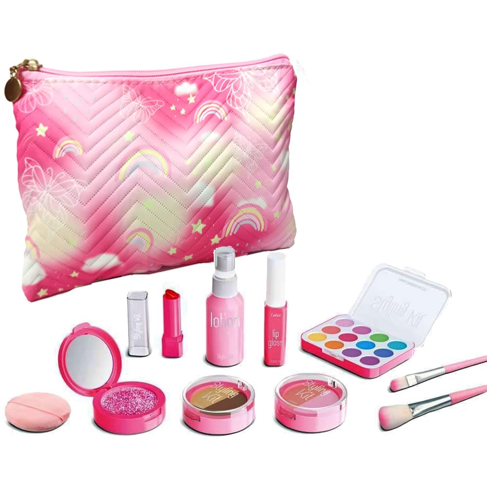 WenToyce Pretend Makeup Kit for Girls – 11-Piece Play Cosmetic Set with Bag (Pink)
