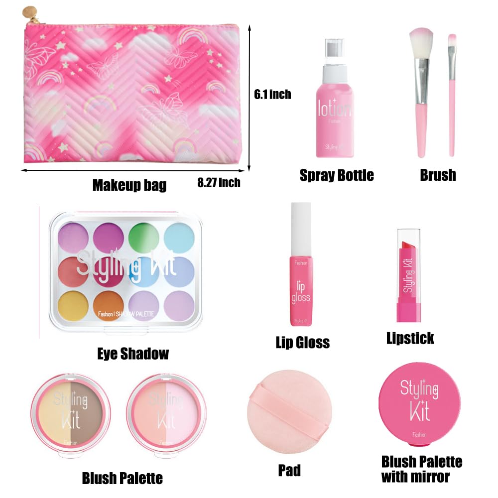 WenToyce Pretend Makeup Kit for Girls – 11-Piece Play Cosmetic Set with Bag (Pink)