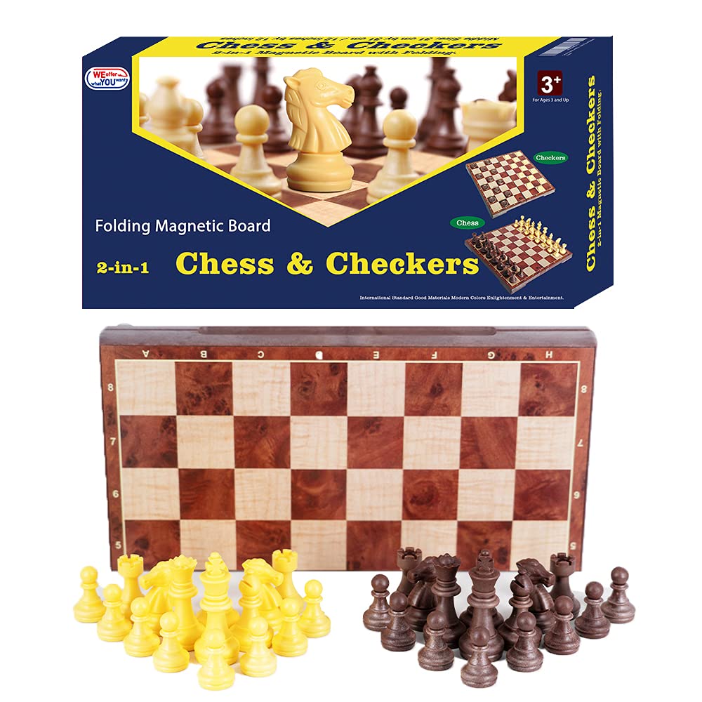 WEofferwhatYOUwant Magnetic Chess Set – 2-in-1 Travel Chess and Checkers – 12.4" Folding Board – Portable Strategy Game with Magnetic Pieces
