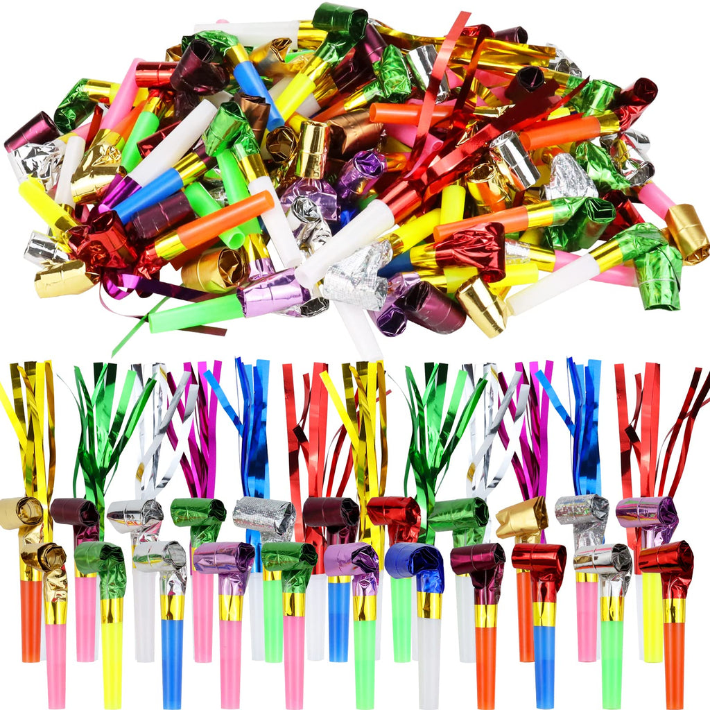 WEOXPR 144-Piece Noisemaker Blowouts Pack – 102 Paper Blowouts + 42 Metallic Fringed Horns for Parties, New Year, and Celebrations