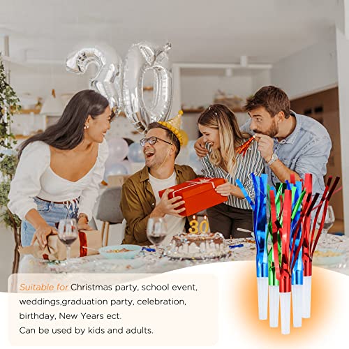 WEOXPR 144-Piece Noisemaker Blowouts Pack – 102 Paper Blowouts + 42 Metallic Fringed Horns for Parties, New Year, and Celebrations