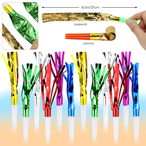 WEOXPR 144-Piece Noisemaker Blowouts Pack – 102 Paper Blowouts + 42 Metallic Fringed Horns for Parties, New Year, and Celebrations