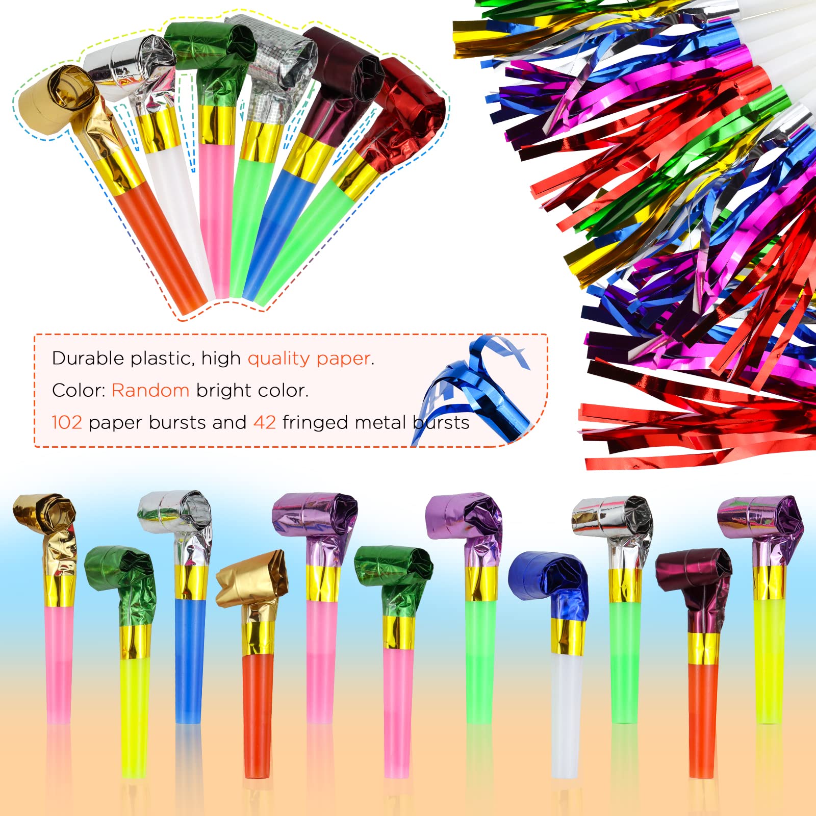 WEOXPR 144-Piece Noisemaker Blowouts Pack – 102 Paper Blowouts + 42 Metallic Fringed Horns for Parties, New Year, and Celebrations