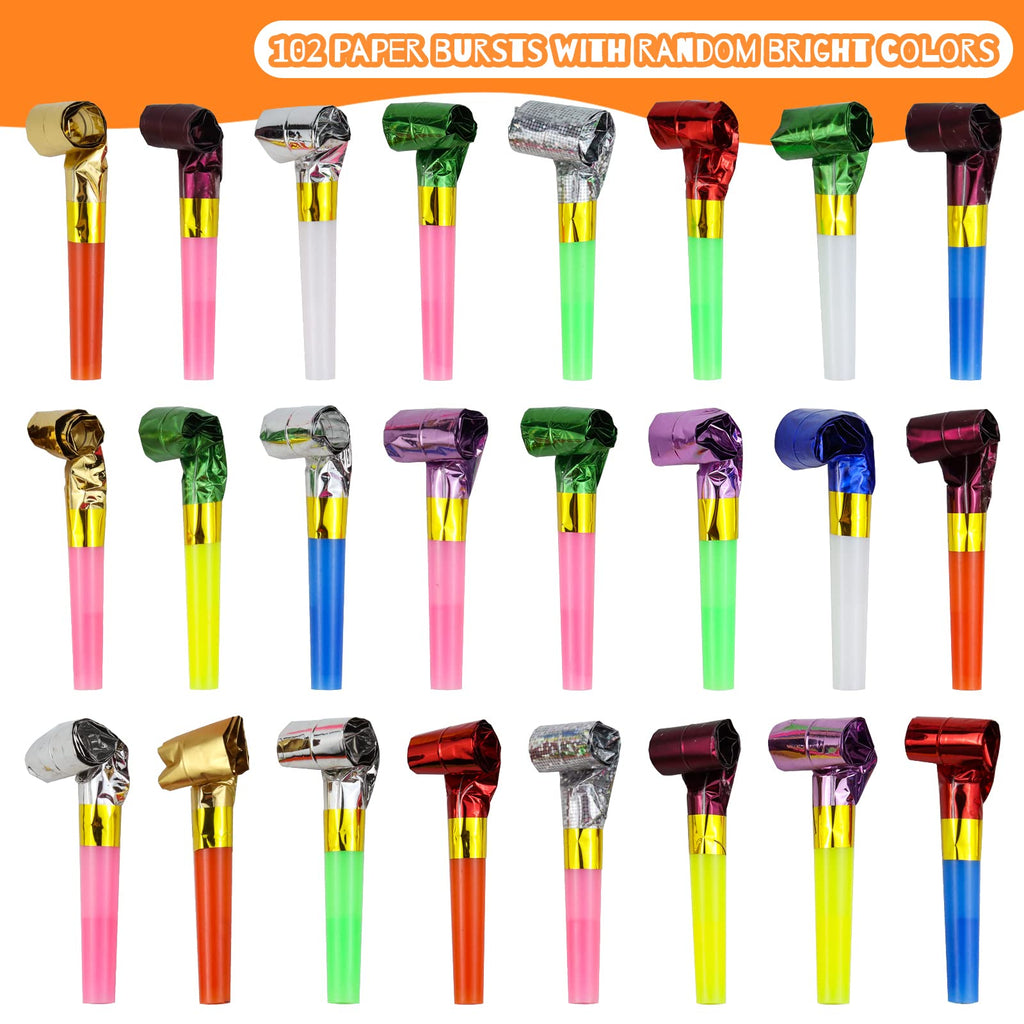 WEOXPR 144-Piece Noisemaker Blowouts Pack – 102 Paper Blowouts + 42 Metallic Fringed Horns for Parties, New Year, and Celebrations