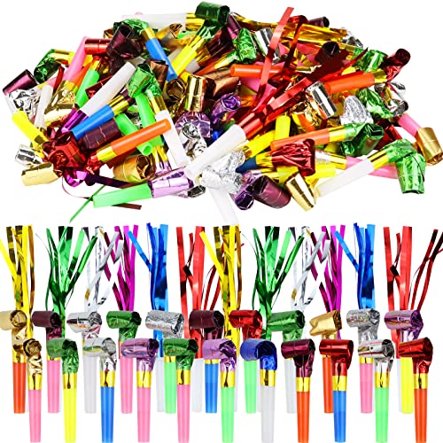 WEOXPR 144-Piece Noisemaker Blowouts Pack – 102 Paper Blowouts + 42 Metallic Fringed Horns for Parties, New Year, and Celebrations