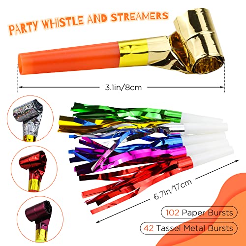 WEOXPR 144-Piece Noisemaker Blowouts Pack – 102 Paper Blowouts + 42 Metallic Fringed Horns for Parties, New Year, and Celebrations