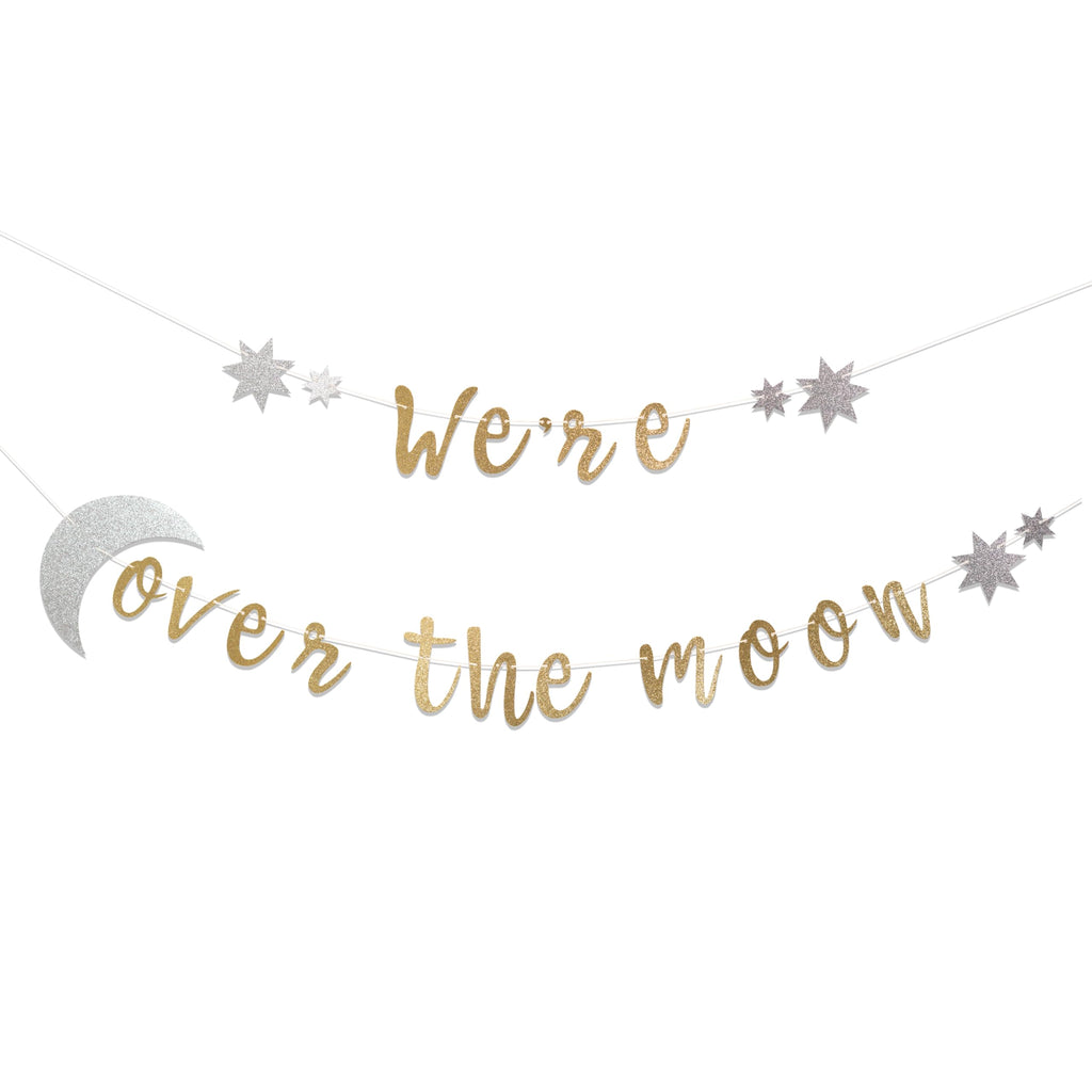 We're Over the Moon Banner – Real Gold Glitter Baby Shower & Gender Reveal Decoration, Pre-Strung Cardboard Banner 9x7 Inches