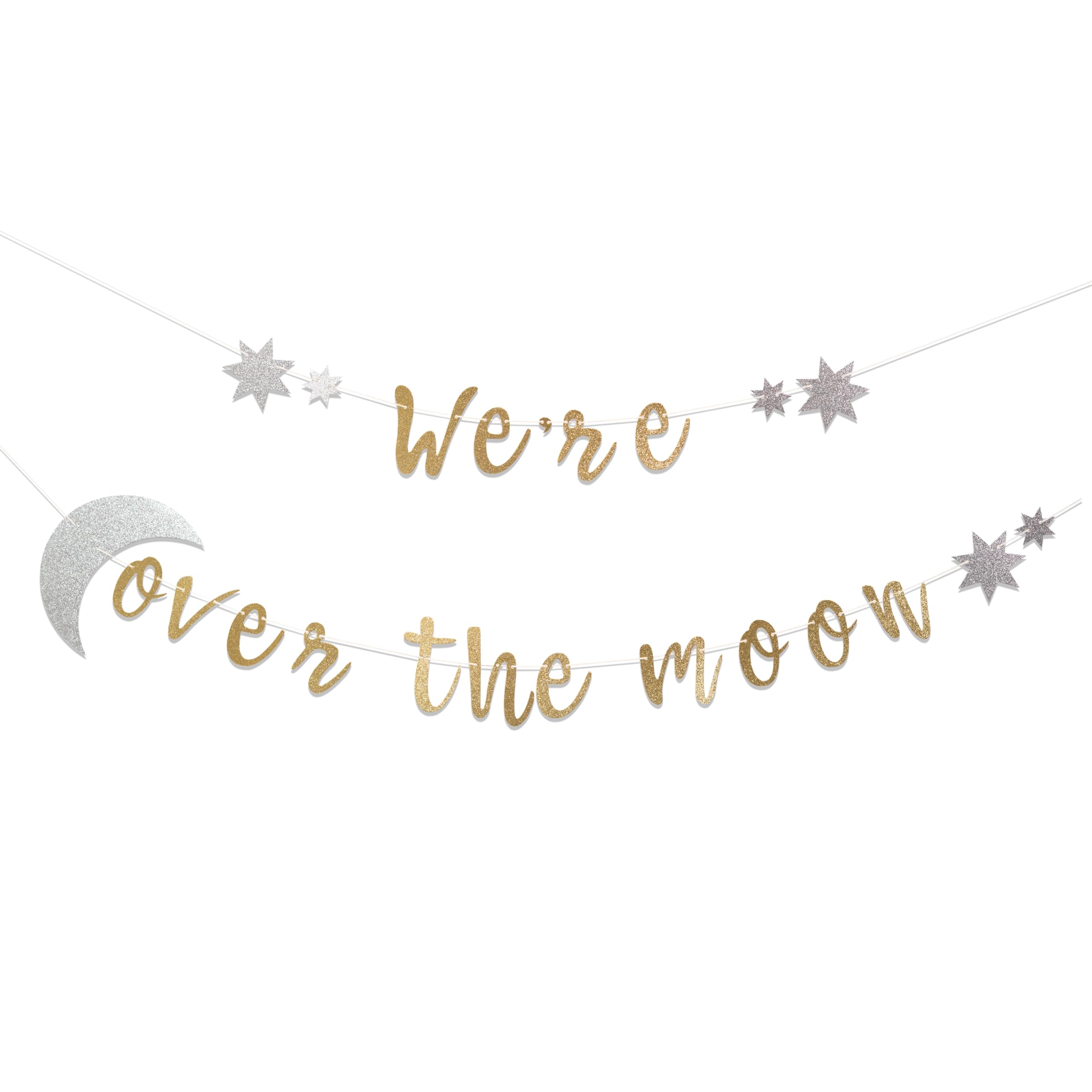 We're Over the Moon Banner – Real Gold Glitter Baby Shower & Gender Reveal Decoration, Pre-Strung Cardboard Banner 9x7 Inches