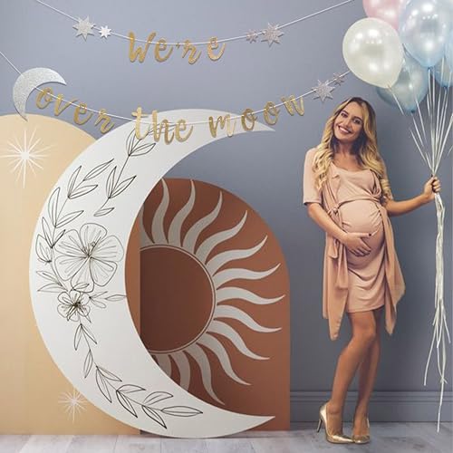 We're Over the Moon Banner – Real Gold Glitter Baby Shower & Gender Reveal Decoration, Pre-Strung Cardboard Banner 9x7 Inches